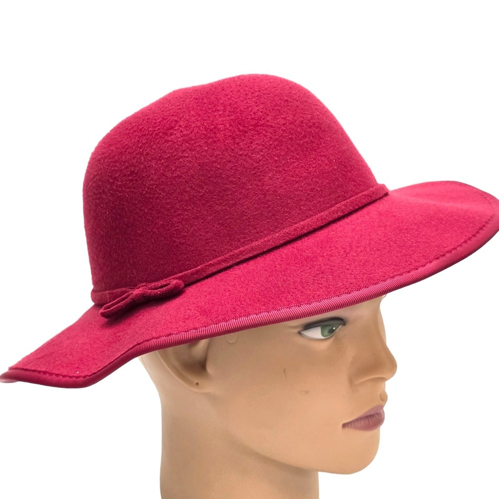 Red Felt Cloche Dome Hat Fall Winter Fashion Ribbon Trim One Size